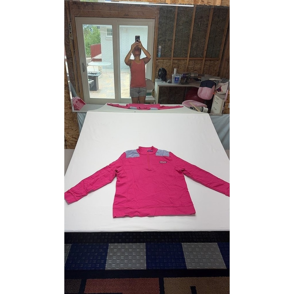 Vineyard Vines Pink Quarter-Zip Pullover Seersucker Patches Womens Medium